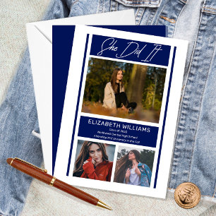 She Did It Simple Minimalist Blue Graduation Announcement