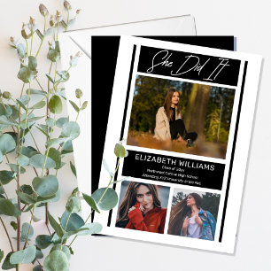 She Did It Simple Minimalist BW Graduation Announcement