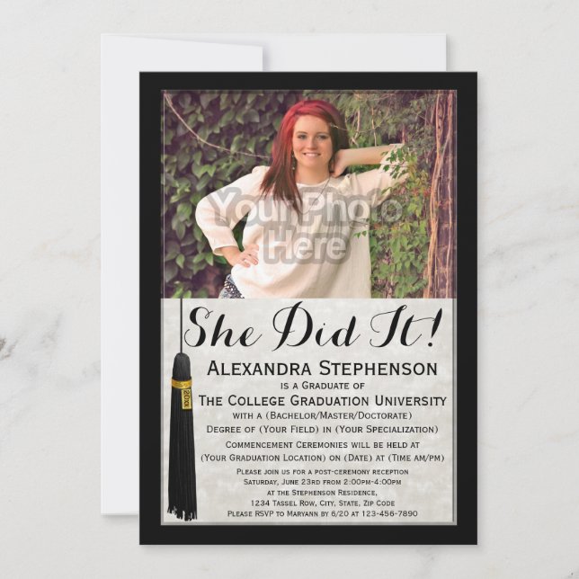 She Did It Tassel Photo College Graduation Invitation (Front)