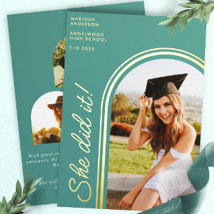 She Did It Teal Modern Arch Photo Graduation
