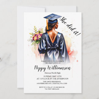 She Did It Watercolor Graduation Invitation