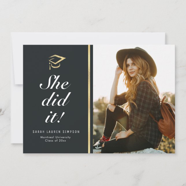 SHE DID IT |  white script photo graduation card (Front)