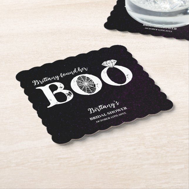 She Found Her Boo Black Halloween Bridal Shower Paper Coaster (Angled)