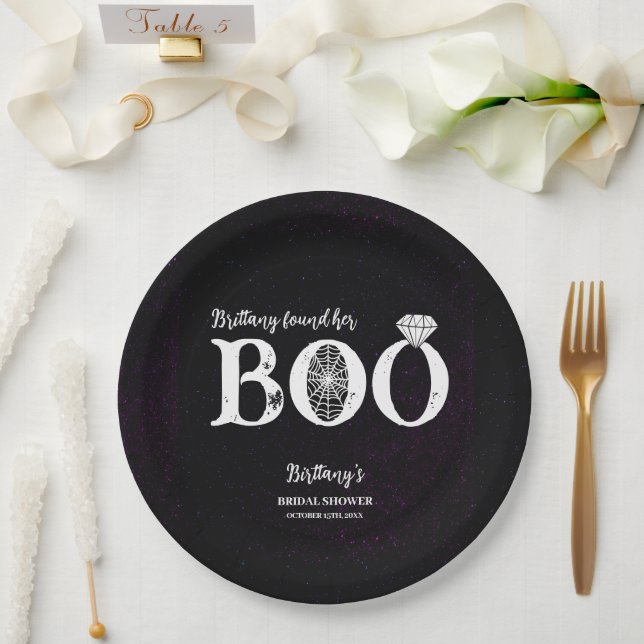 She Found Her Boo Black Halloween Bridal Shower Paper Plate (Wedding)