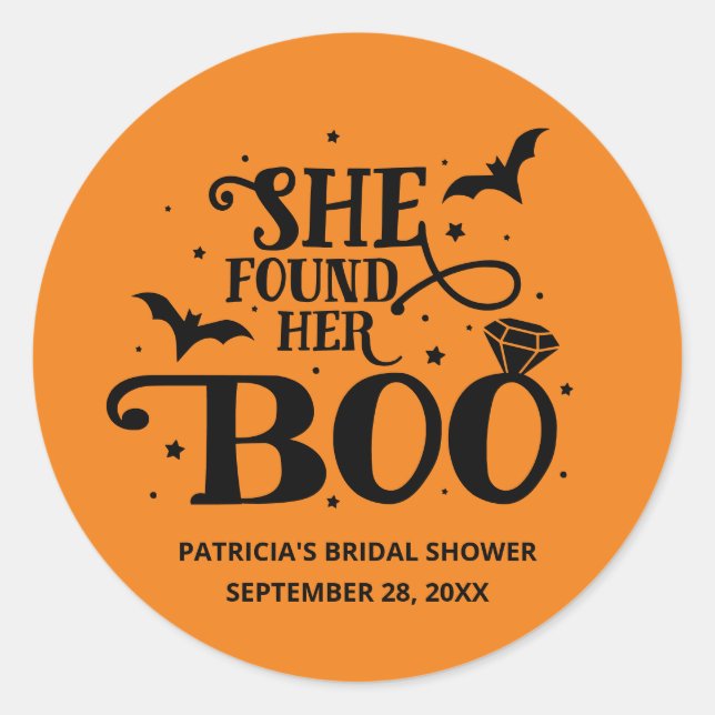 She Found Her Boo Halloween Bridal Shower Classic Round Sticker (Front)