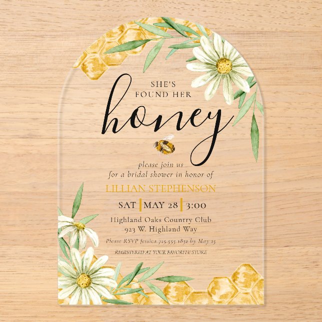 She Found Her Honey Bee Themed Daisy Bridal Shower Acrylic Invitations (Front)