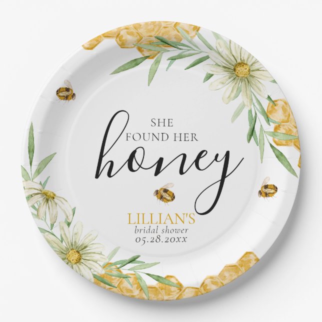She Found Her Honey Daisy Floral Bee Bridal Shower Paper Plate (Front)