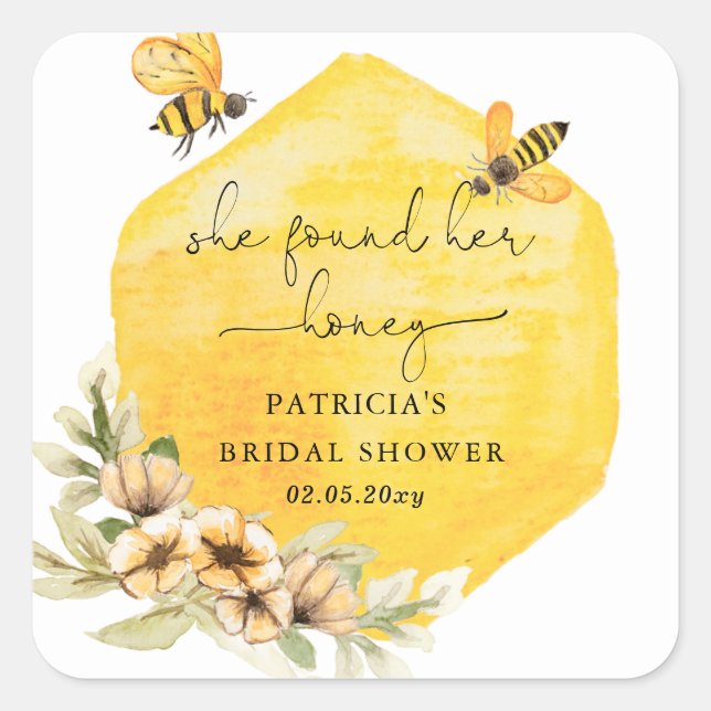 She Found Her Honey Floral Bee Bridal Shower Square Sticker (Front)
