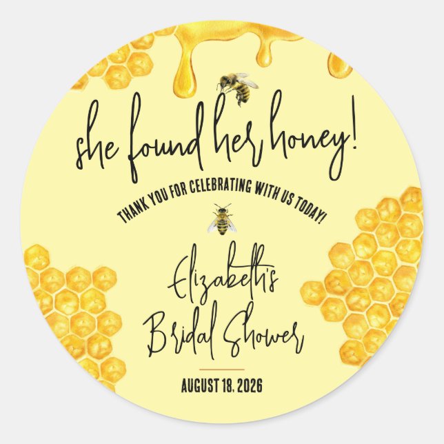 She Found Her Honey! Honeybee Bridal Favour Classic Round Sticker (Front)