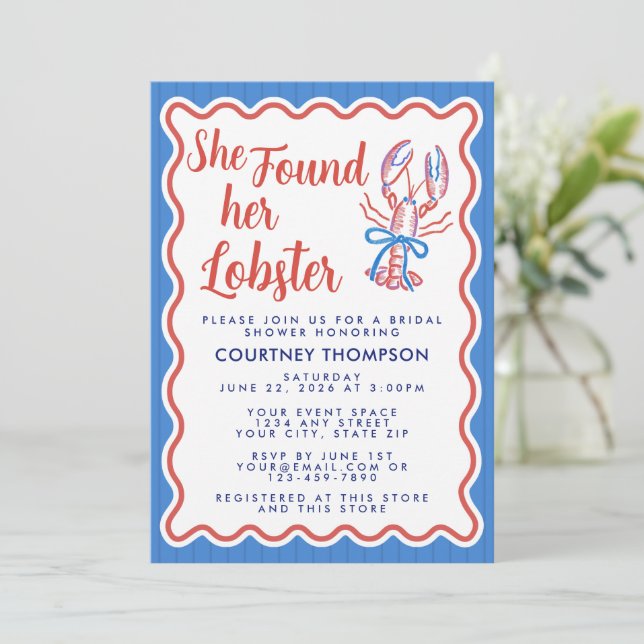 She Found Her Lobster Coastal Bridal Shower Invitation (Standing Front)