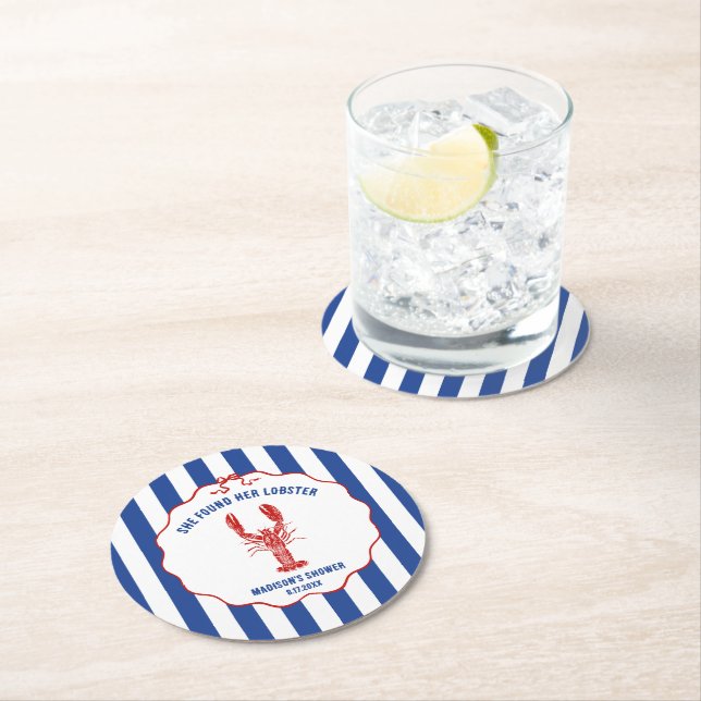 She Found Her Lobster Nautical Bridal Shower Round Paper Coaster (Insitu)