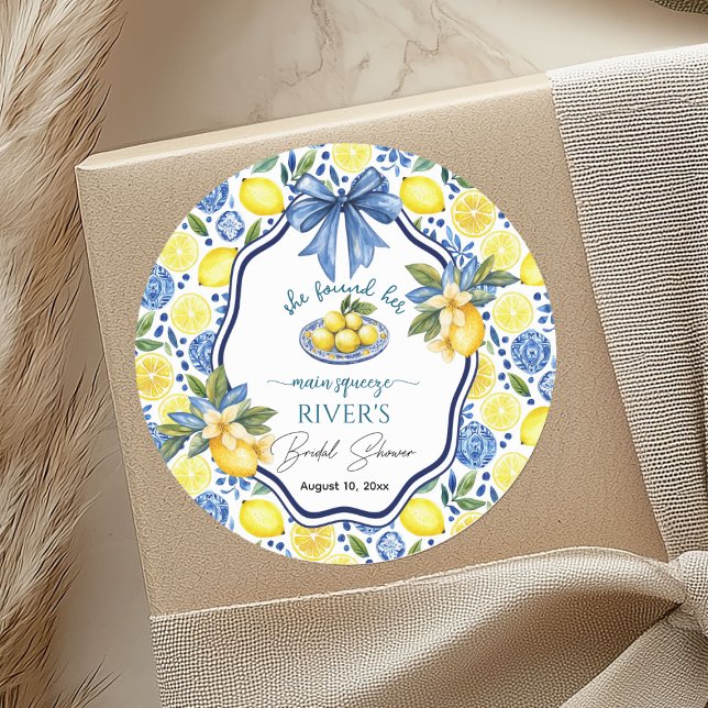 She Found Her Main Squeeze Bridal Shower Classic Round Sticker (Creator Uploaded)