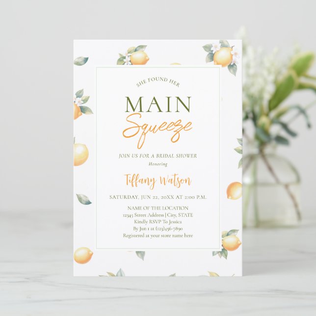 She Found Her Main Squeeze Lemon Bridal Shower Invitation (Standing Front)