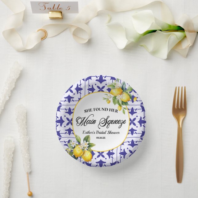 She Found Her Main Squeeze Lemon Bridal Shower Paper Plate (Wedding)