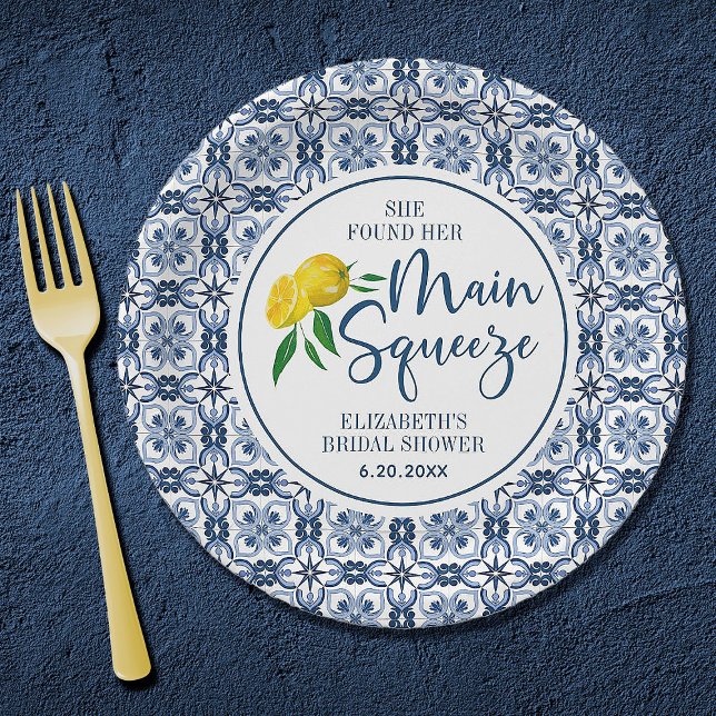 She Found Her Main Squeeze Lemon Bridal Shower Paper Plate (An elegant lemon Mediterranean main squeeze bridal shower paper plate)