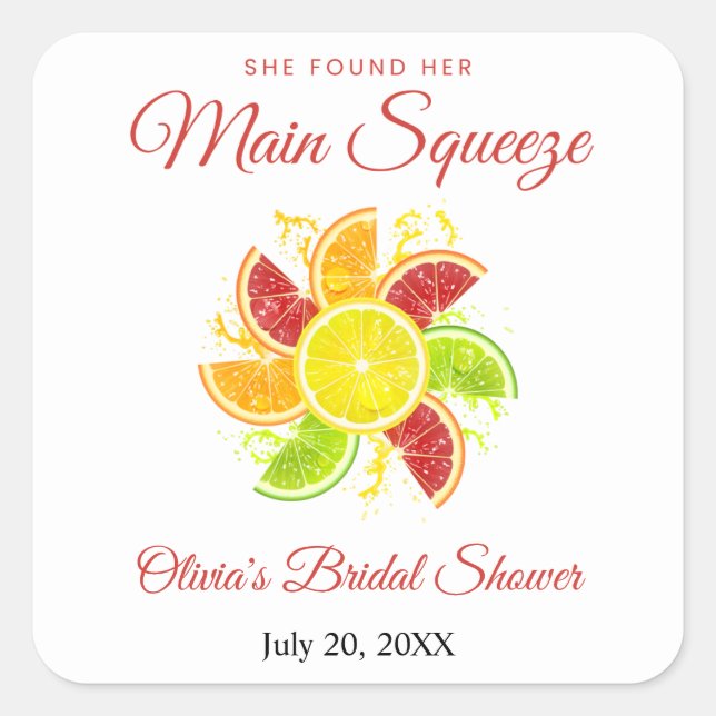 She Found Her Main Squeeze Lemon Bridal Shower  Square Sticker (Front)