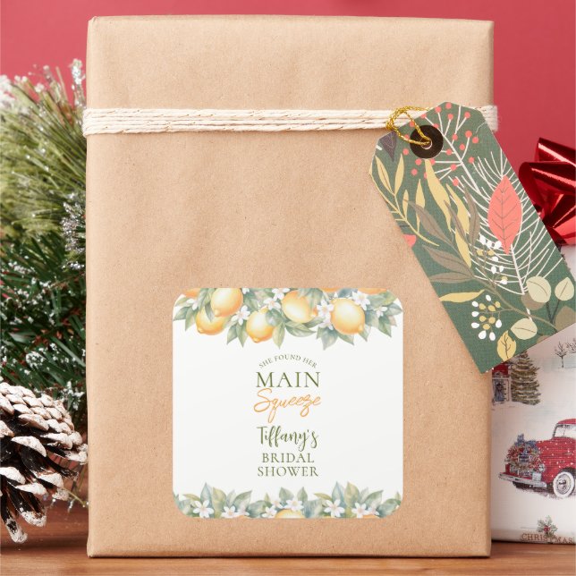 She Found Her Main Squeeze Lemon Bridal Shower Square Sticker (Holiday)