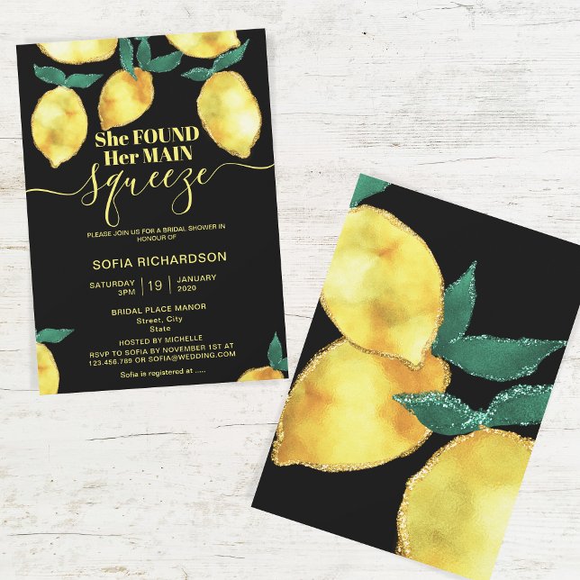 She found her main squeeze lemon glitter gold invitation (Creator Uploaded)