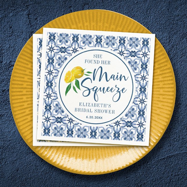 She Found Her Main Squeeze Lemon Italian Blue Tile Napkin (Elegant lemon "main Squeeze Bridal Shower napkins.)