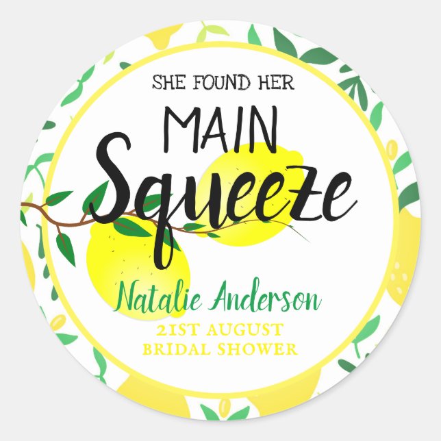 She Found Her Main Squeeze Lemons Bridal Shower Classic Round Sticker (Front)