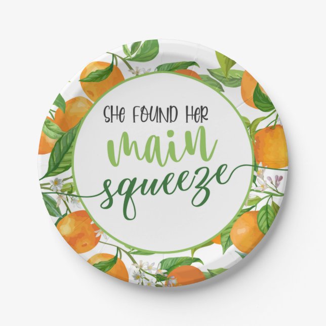 She Found Her Main Squeeze Orange Bridal Shower Paper Plate (Front)
