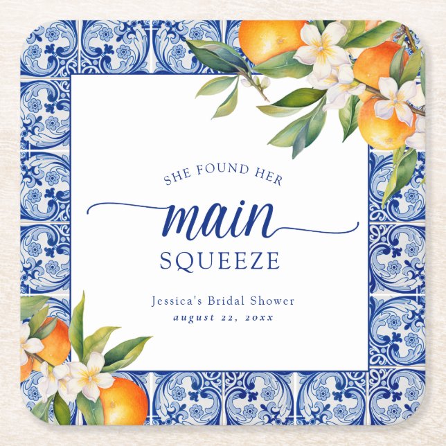 She Found Her Main Squeeze Oranges Bridal Shower Square Paper Coaster (Front)