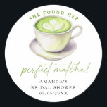 She found her perfect matcha Bridal shower Classic Round Sticker<br><div class="desc">Watercolor matcha tea bridal shower.</div>