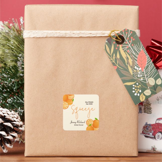 She Found Her Squeeze Bridal Shower Square Sticker (Holiday)