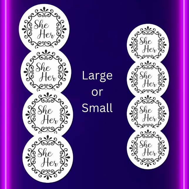 She Her Fancy Frame Classic Round Sticker (Creator Uploaded)