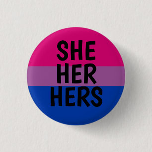 she/her/hers pronouns bisexual pride flag 3 cm round badge