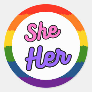 She Her Pride Rainbow Prounoun Stickers