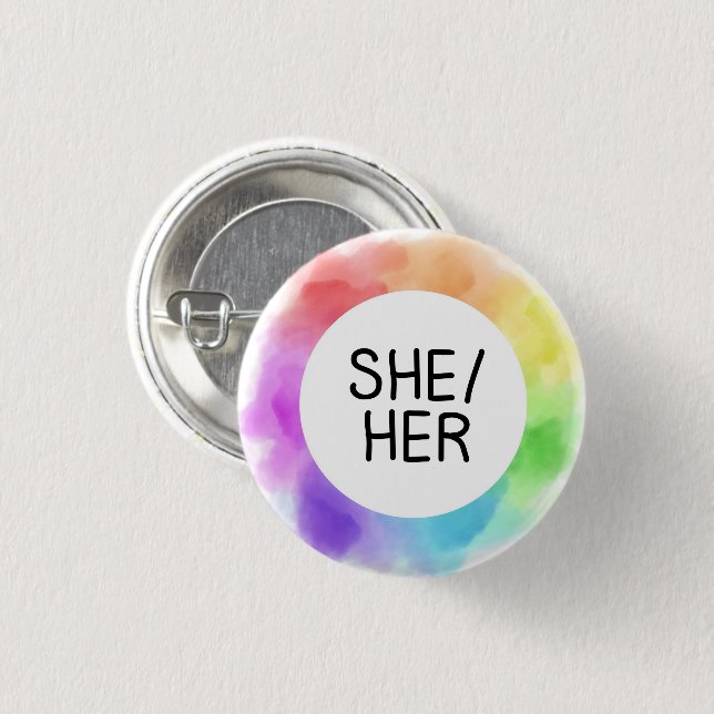 she / her pronoun button badge pin handwritten (Front & Back)