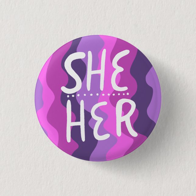 SHE/HER Pronouns Colourful Handlettered Purple 3 Cm Round Badge (Front)