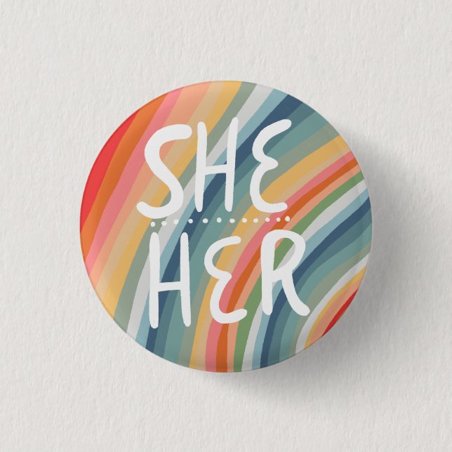 SHE/HER Pronouns Colourful Handlettered Rainbow 3 Cm Round Badge (Front)