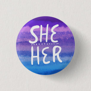 SHE/HER Pronouns Colourful Handlettering Watercolo 3 Cm Round Badge