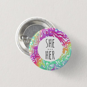 SHE/HER Pronouns Colourful Rainbow Swirls CUSTOM 3 Cm Round Badge