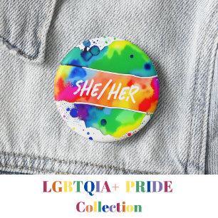 She/Her Pronouns Pride Watercolor Rainbow 6 Cm Round Badge