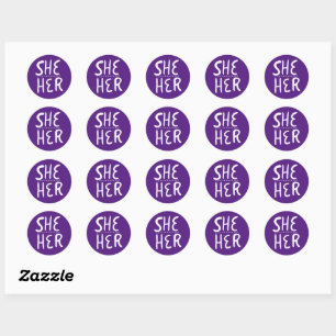 SHE / HER Pronouns Purple Handlettering Set of Classic Round Sticker