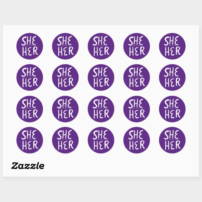SHE / HER Pronouns Purple Handlettering Set of  Classic Round Sticker (Sheet)