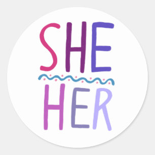 SHE / HER Pronouns Purple Handlettering Set of  Classic Round Sticker