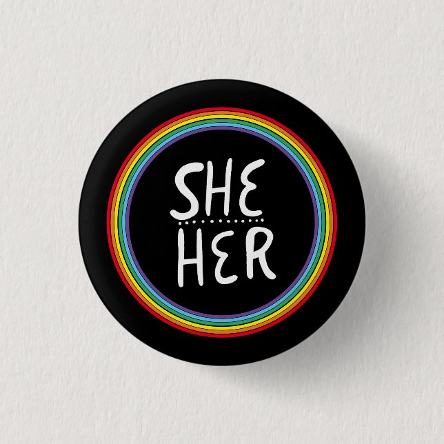 SHE/HER Pronouns Rainbow Handlettered Minimal 3 Cm Round Badge (Front)