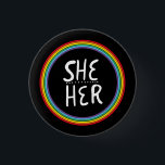 SHE/HER Pronouns Rainbow Handlettered Minimal 3 Cm Round Badge<br><div class="desc">Decorate your outfit with this cool art button. Makes a great  gift! You can customise it,  change the background colours and add text too. Check my shop for lots more colours and patterns! Let me know if you'd like something custom too.</div>