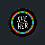 SHE/HER Pronouns Rainbow Handlettered Minimal 3 Cm Round Badge<br><div class="desc">Decorate your outfit with this cool art button. Makes a great  gift! You can customise it,  change the background colours and add text too. Check my shop for lots more colours and patterns! Let me know if you'd like something custom too.</div>