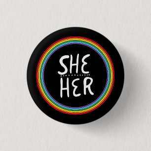 SHE/HER Pronouns Rainbow Handlettered Minimal 3 Cm Round Badge