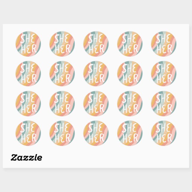 SHE/HER Pronouns Rainbow Handlettering Sheet of Classic Round Sticker (Sheet)
