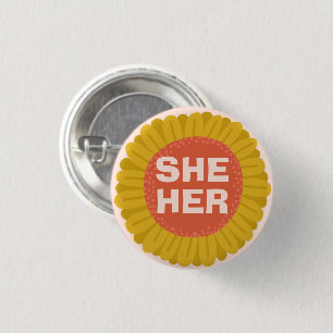 SHE / HER Pronouns Sunflower Daisy Pride 3 Cm Round Badge