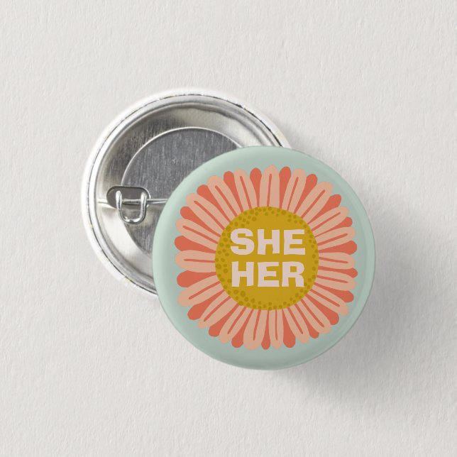 SHE / HER Pronouns Sunflower Daisy Pride  3 Cm Round Badge (Front & Back)
