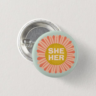 SHE / HER Pronouns Sunflower Daisy Pride 3 Cm Round Badge