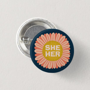 SHE / HER Pronouns Sunflower Daisy Pride  3 Cm Round Badge