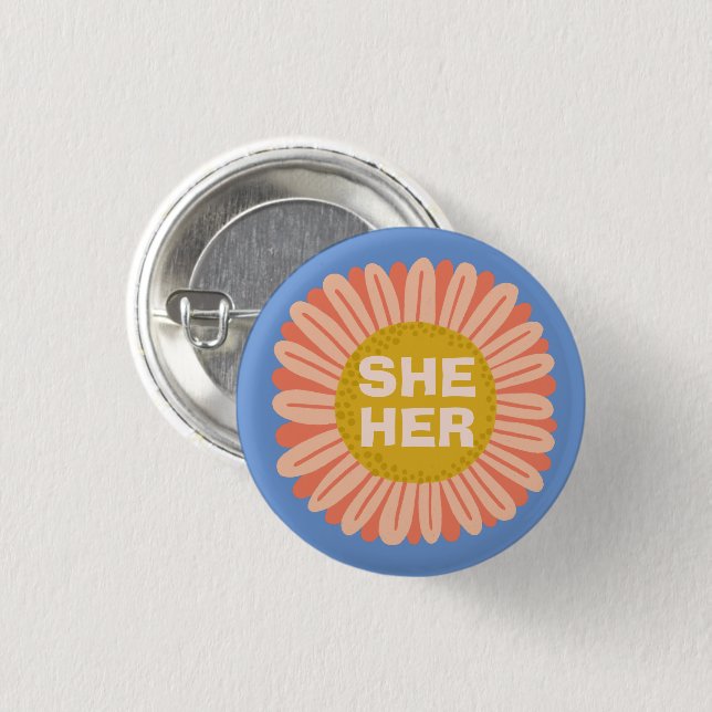 SHE / HER Pronouns Sunflower Daisy Pride 3 Cm Round Badge (Front & Back)